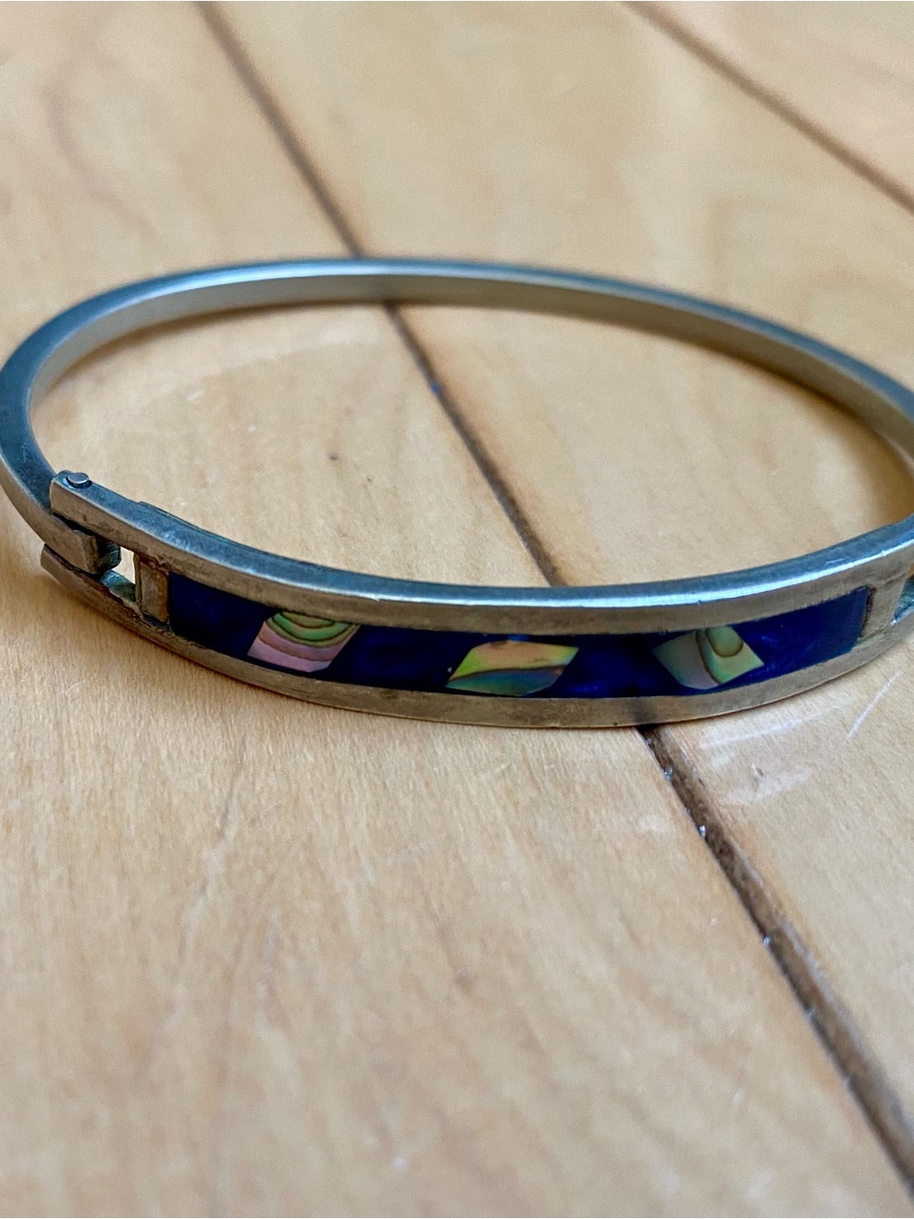 Vintage Alpaca Mexico Hinged Cuff Bracelet Abalone Inlay Blue Enamel Silvertone